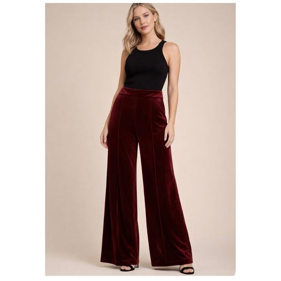 INC International Concepts Pants - I.N.C. International Concepts Burgundy Red Pintuck Velvet Wide Leg Pants Size S